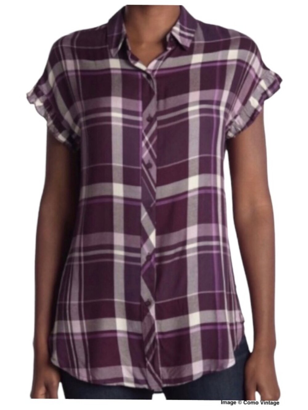 NWT Como Vintage Purple Plaid Button Up Ruffle Cap Sleeve Tunic Blouse Shirt